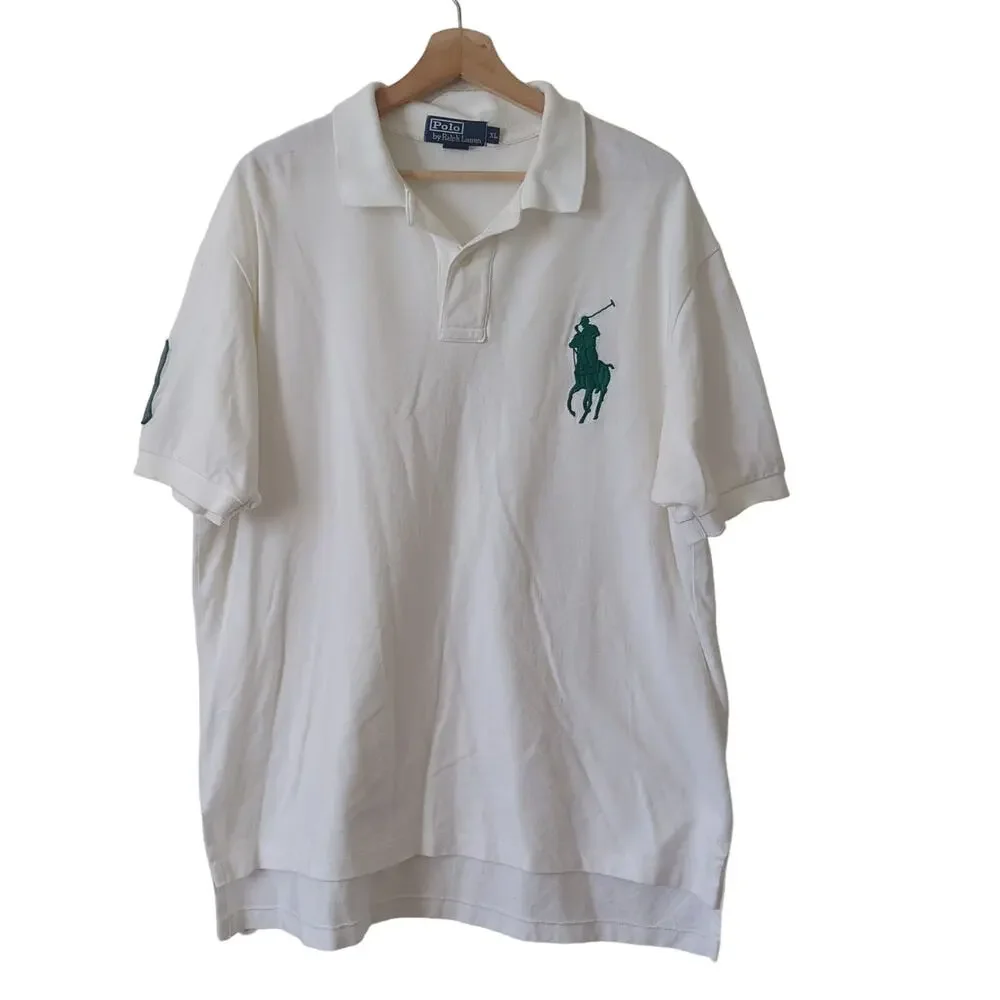 Vintage 90s? Polo Ralph Lauren Men's Solid White Green Logo Big Pony Horse Shirt